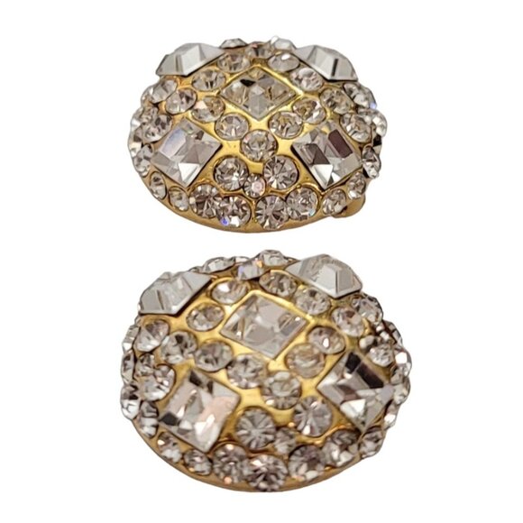 Jarin Gold Tone Round Clear Rhinestone Clip-On Earrings, Signed E971 - Picture 3 of 8